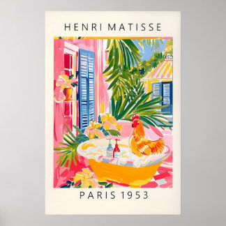 Rooster in Bathtub Art Print Pink Farmhouse