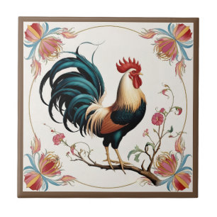 Rooster in Bloom Ceramic Tile