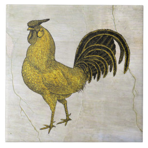 Rooster in Gold on Fresco Pattern Ceramic Tile