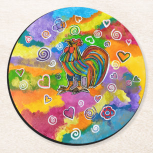 Rooster in love round paper coaster