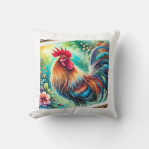 Rooster in Morning Light 010924AREF133 - Watercolo Throw Pillow