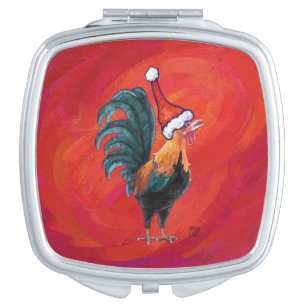 Rooster in Santa Hat on Red Vanity Mirror