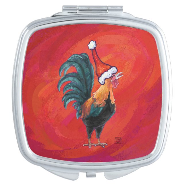 Rooster in Santa Hat on Red Vanity Mirror (Front)