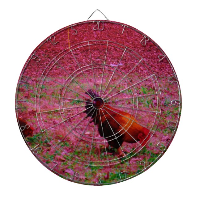 Rooster in the Purple Grass Dartboard With Darts (Front)