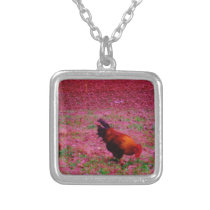 Rooster in the Purple Grass Silver Plated Necklace