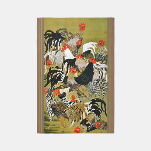 Rooster Kitchen Rug 6x4 Vintage Japanese Chickens
