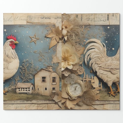 Rooster Old macdonald Farm Collage Wrapping Paper