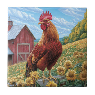 Rooster on a Sunflower Farm Painting Ceramic Tile