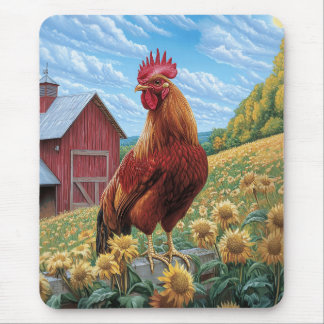 Rooster on a Sunflower Farm Painting Mouse Pad