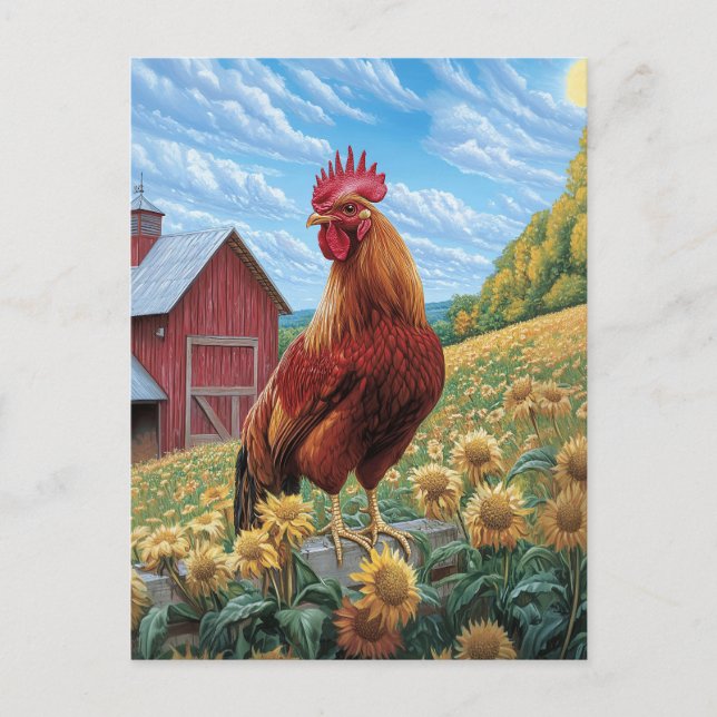 Rooster on a Sunflower Farm Painting Postcard (Front)