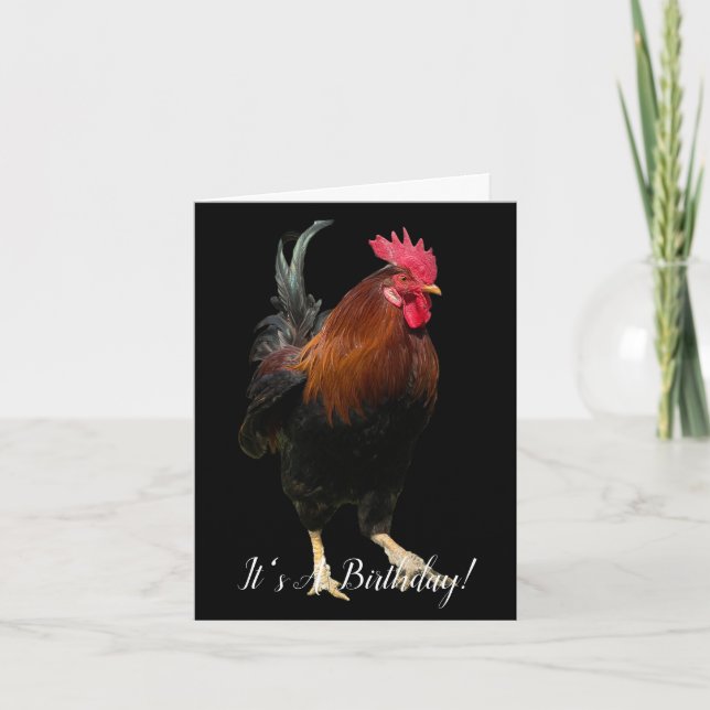ROOSTER ON BLACK PHOTO BIRTHDAY GREETING CARD (Front)