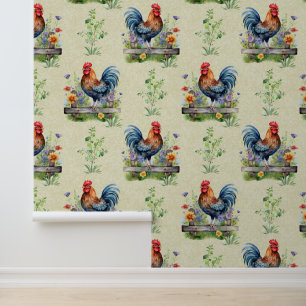 Rooster on Fence Farm Animals Floral Greenery Wallpaper