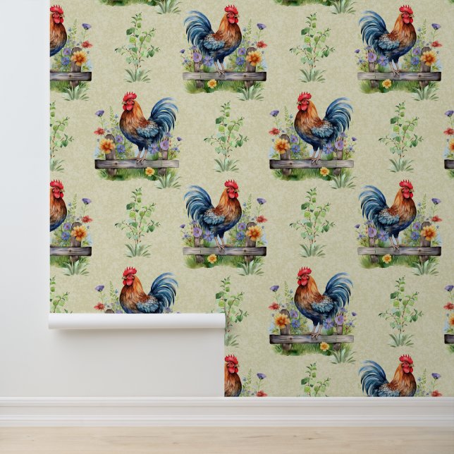 Rooster on Fence Farm Animals Floral Greenery  Wallpaper (Application)