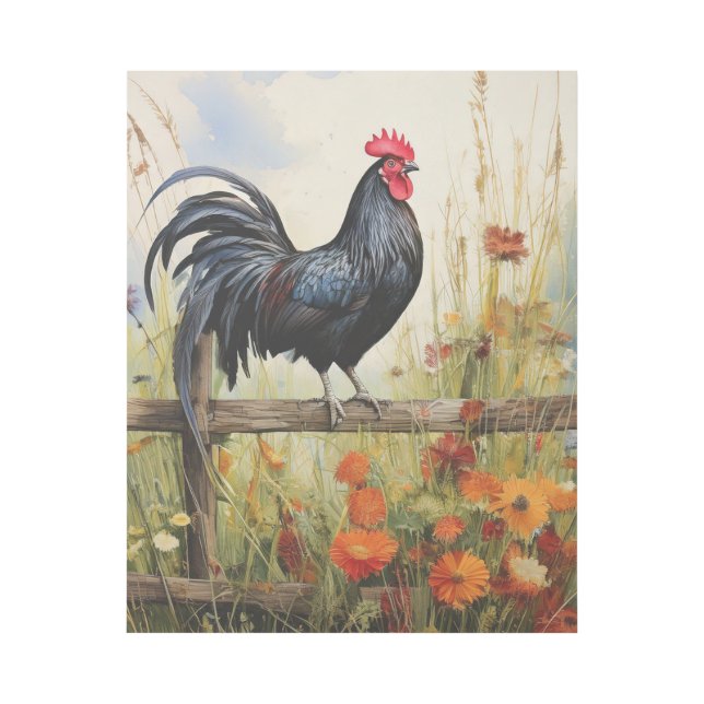 Rooster on Fence Rail and Wildflowers Gallery Wrap (Front)