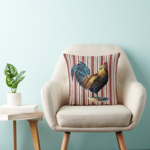 Rooster On Shabby Chic Farmhouse Vintage Stripes Throw Pillow