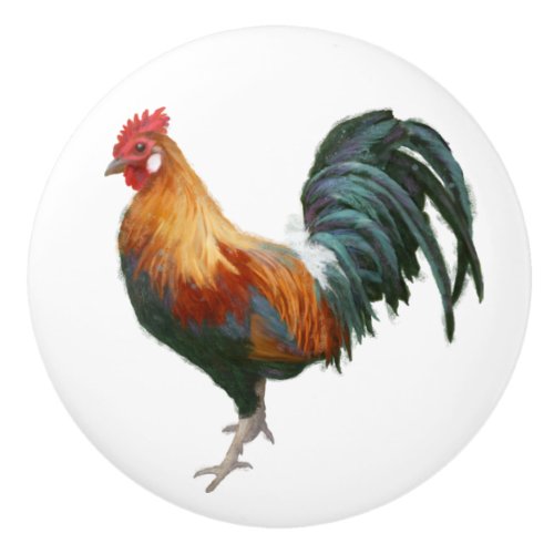 Rooster Painted Country Farmhouse White Kitchen Ceramic Knob