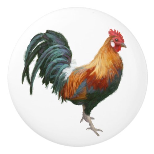 Rooster Painted Country Farmhouse White Kitchen Ceramic Knob