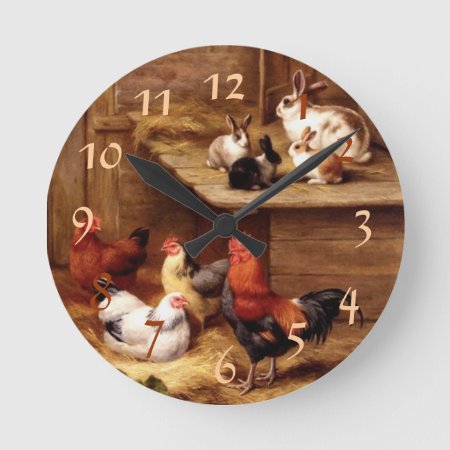 Rooster Rabbit Pets Round Clock