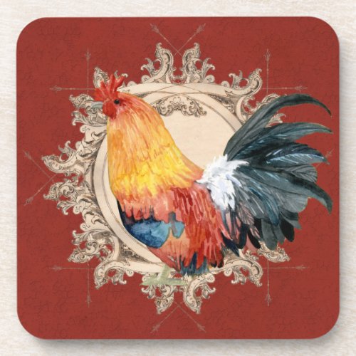 Rooster Red French Country Rustic Barn Farmhouse Drink Coaster