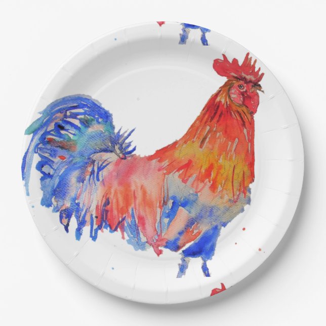 Rooster Red Watercolor Birthday Party Paper Plate (Front)