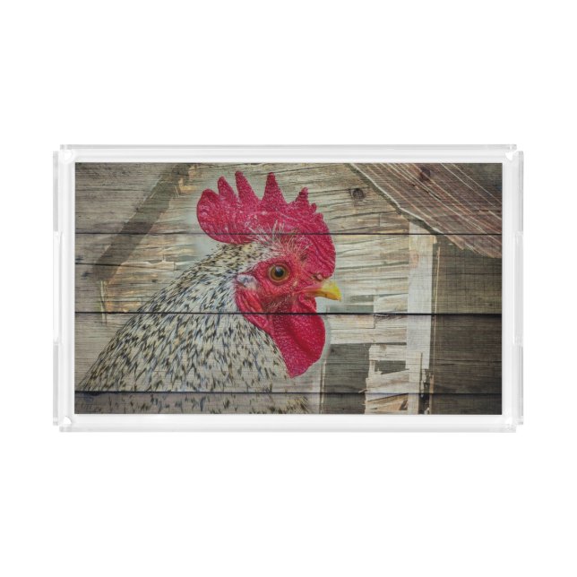 Rooster Rustic Chicken Coop Barn Board Acrylic Tray (Front)