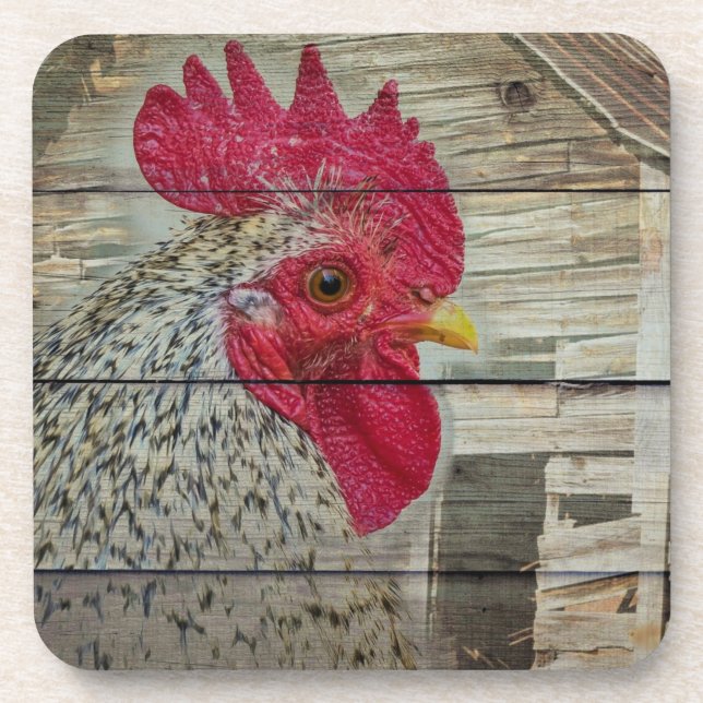 Rooster Rustic Chicken Coop Barn Board Beverage Coaster (Front)