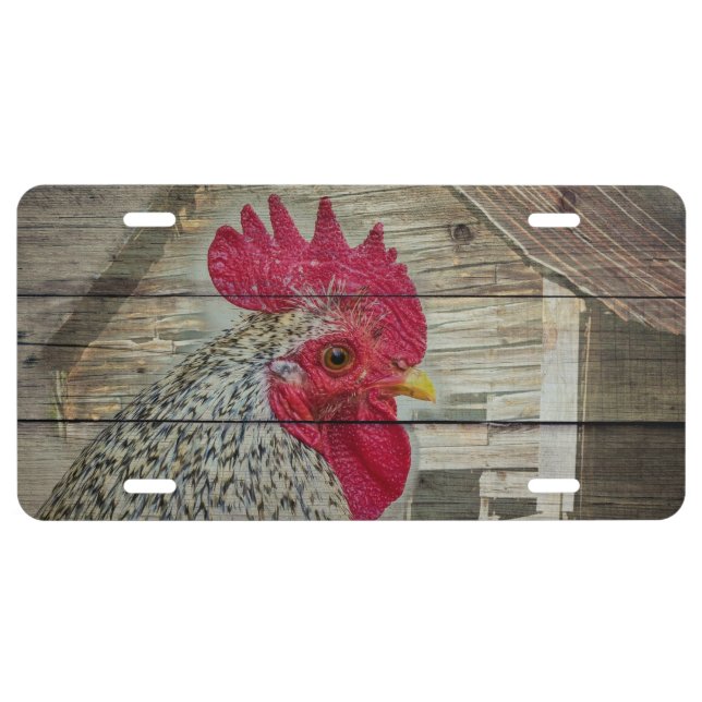 Rooster Rustic Chicken Coop Barn Board License Plate (Front)