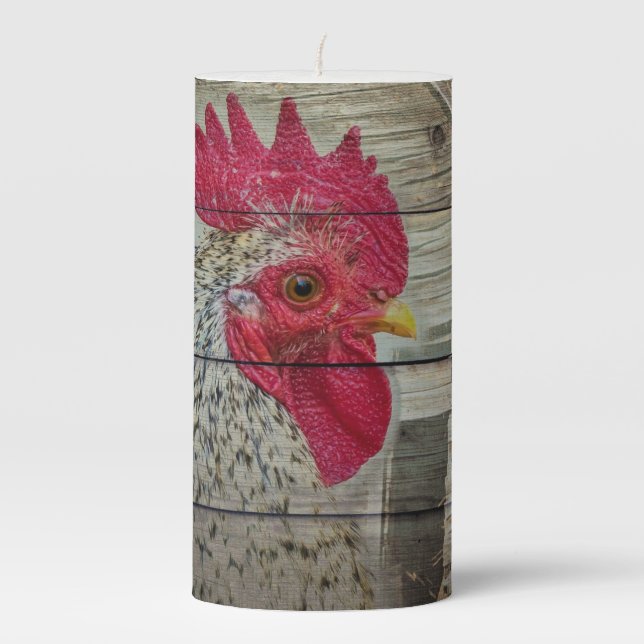 Rooster Rustic Chicken Coop Barn Board Pillar Candle (Front)