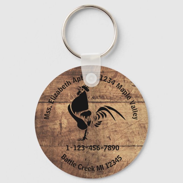 Rooster Silhouette Home or Business Contact Info K Keychain (Front)