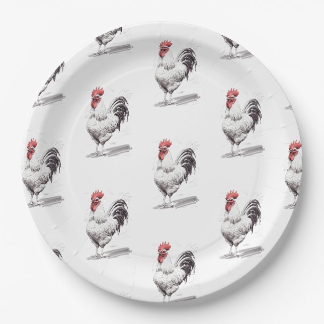 Rooster Sketch Pattern Paper Plates (Front)
