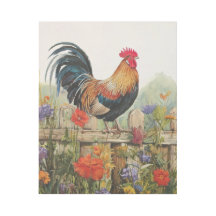 Rooster Standing on Fence and Meadow Flowers