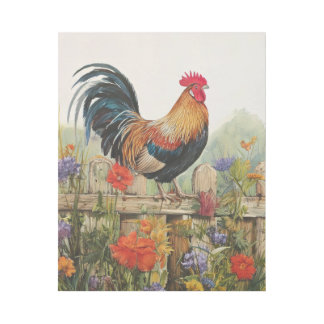 Rooster Standing on Fence and Meadow Flowers Gallery Wrap