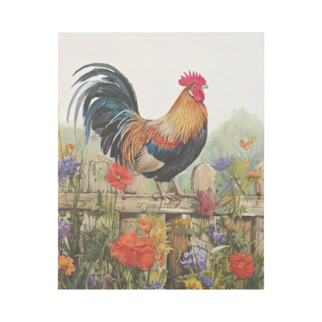 Rooster Standing on Fence and Meadow Flowers Gallery Wrap (Front)