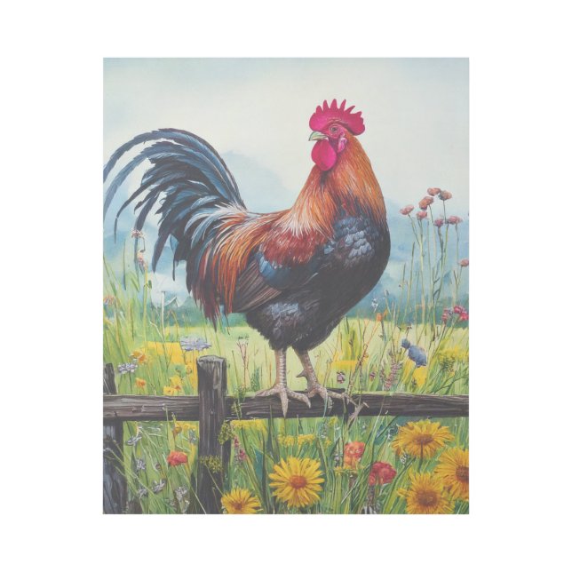 Rooster Standing on Fence and Wildflowers Gallery Wrap (Front)
