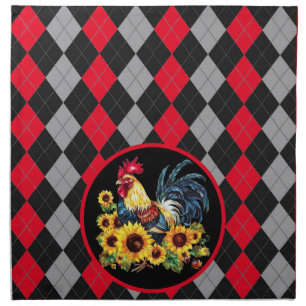 Rooster & Sunflowers On Black, Red & Gray Plaid Cl Cloth Napkin