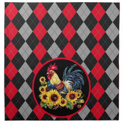 Rooster  Sunflowers On Black Red  Gray Plaid Cl Cloth Napkin