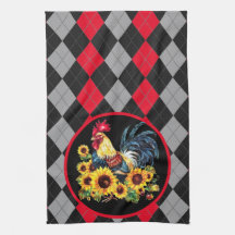Rooster & Sunflowers On Black, Red & Gray Plaid