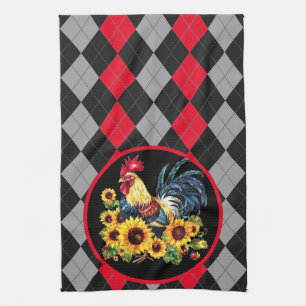 Rooster & Sunflowers On Black, Red & Gray Plaid Kitchen Towel