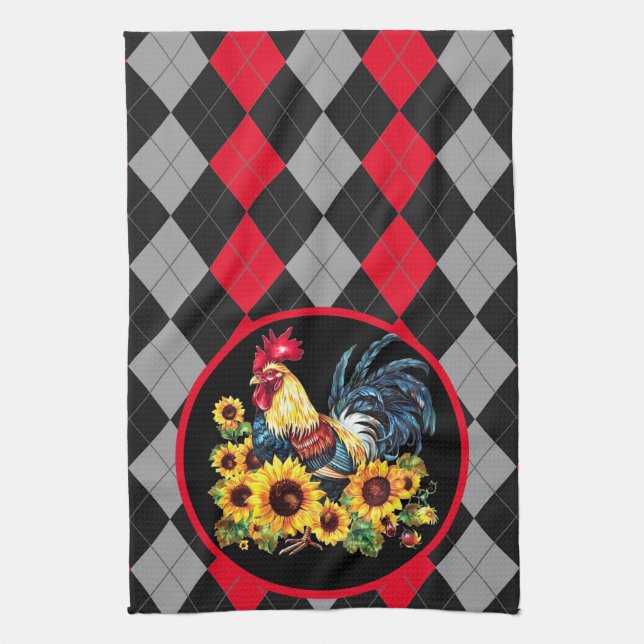 Rooster & Sunflowers On Black, Red & Gray Plaid Kitchen Towel (Vertical)