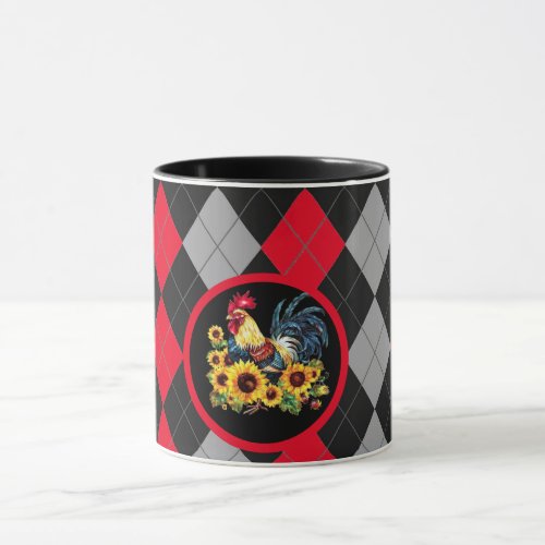 Rooster  Sunflowers On Black Red  Gray Plaid  Mug