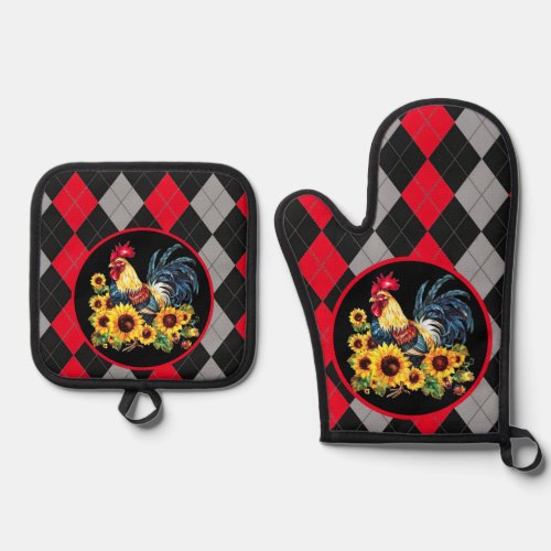 Rooster  Sunflowers On Black Red  Gray Plaid Oven Mitt  Pot Holder Set