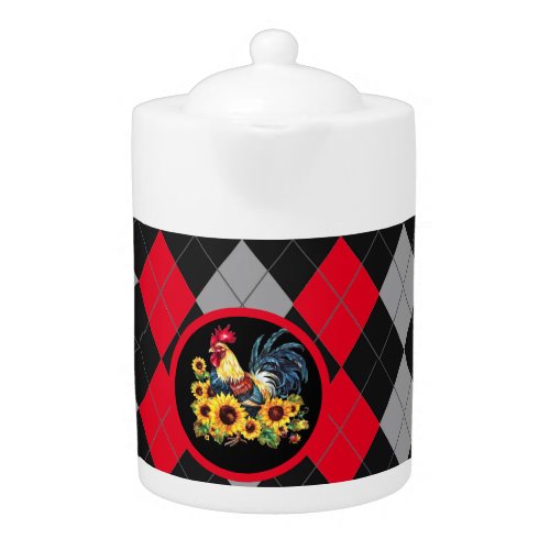 Rooster  Sunflowers On Black Red  Gray Plaid  Teapot