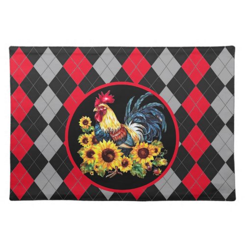 Rooster  Sunflowers On Red Black  Gray  Cloth Placemat