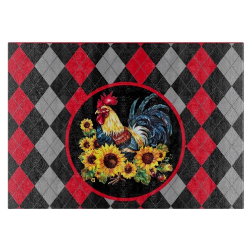 Rooster  Sunflowers On Red Black  Gray Cutting Board