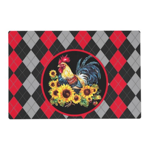 Rooster  Sunflowers On Red Black  Gray laminate Placemat