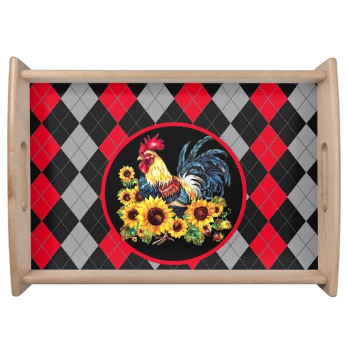 Rooster  Sunflowers On Red Black  Gray  Serving Tray