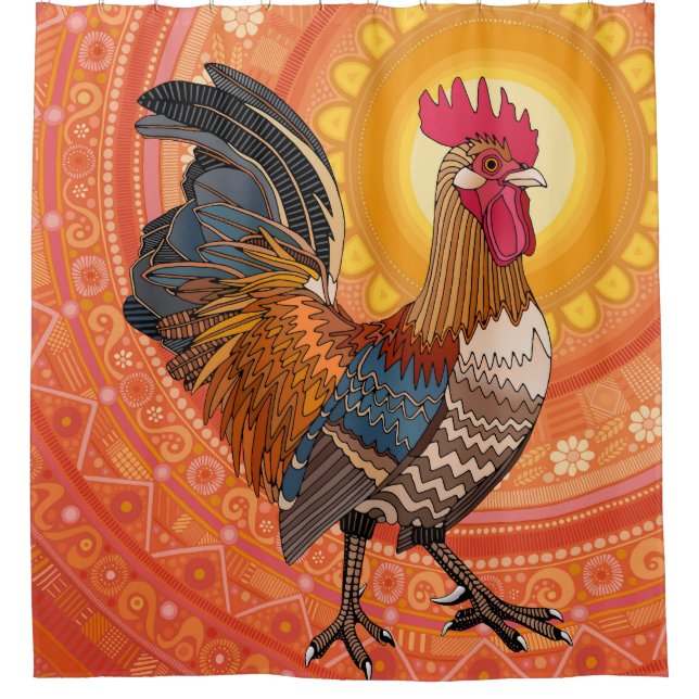 rooster sunrise orange shower curtain (Front)