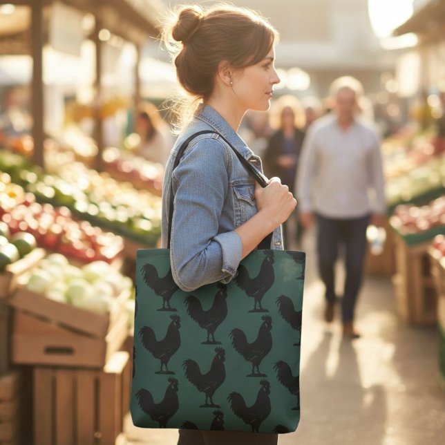 Rooster Tote Bag, Green and Black Chicken Design  Bag (Creator Uploaded)