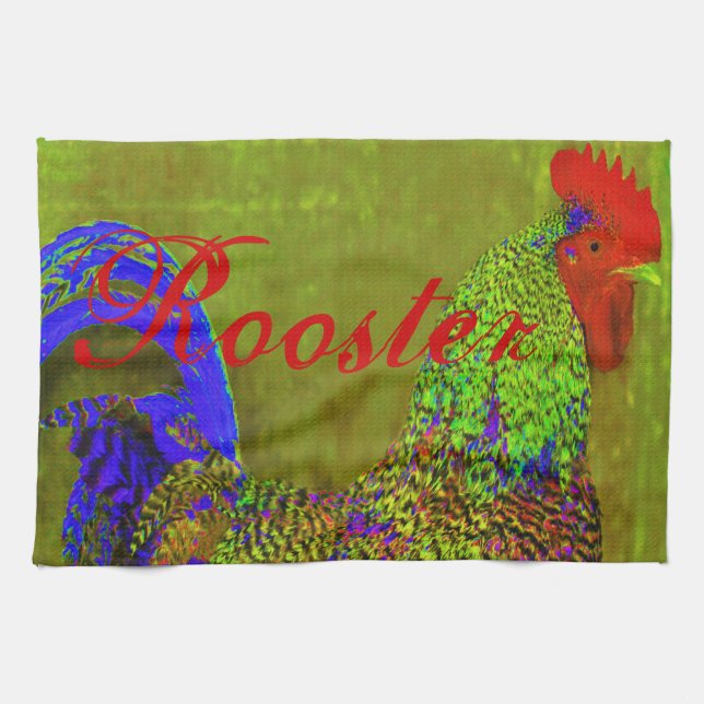 Rooster towels set of 3. Cobalt blue, red, green (Horizontal)