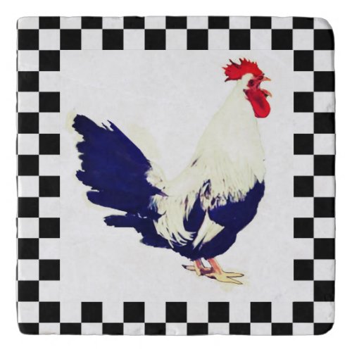 Rooster Trivet with Black and White Checks Border